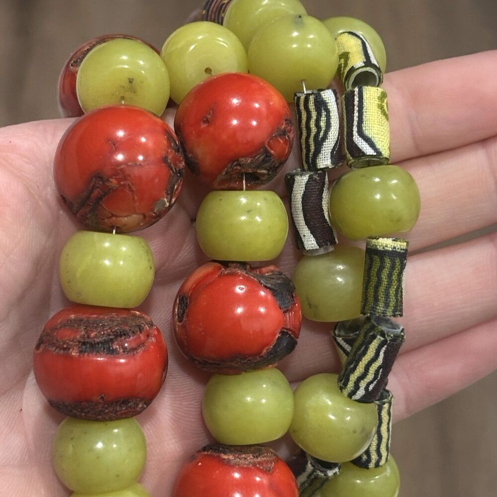 Beaded Stone Necklace Red Green Chunky Boho Statement Heavy READ